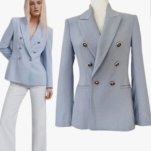 Zara Double-Breasted Dirty Blue Tweed Women's Blazer